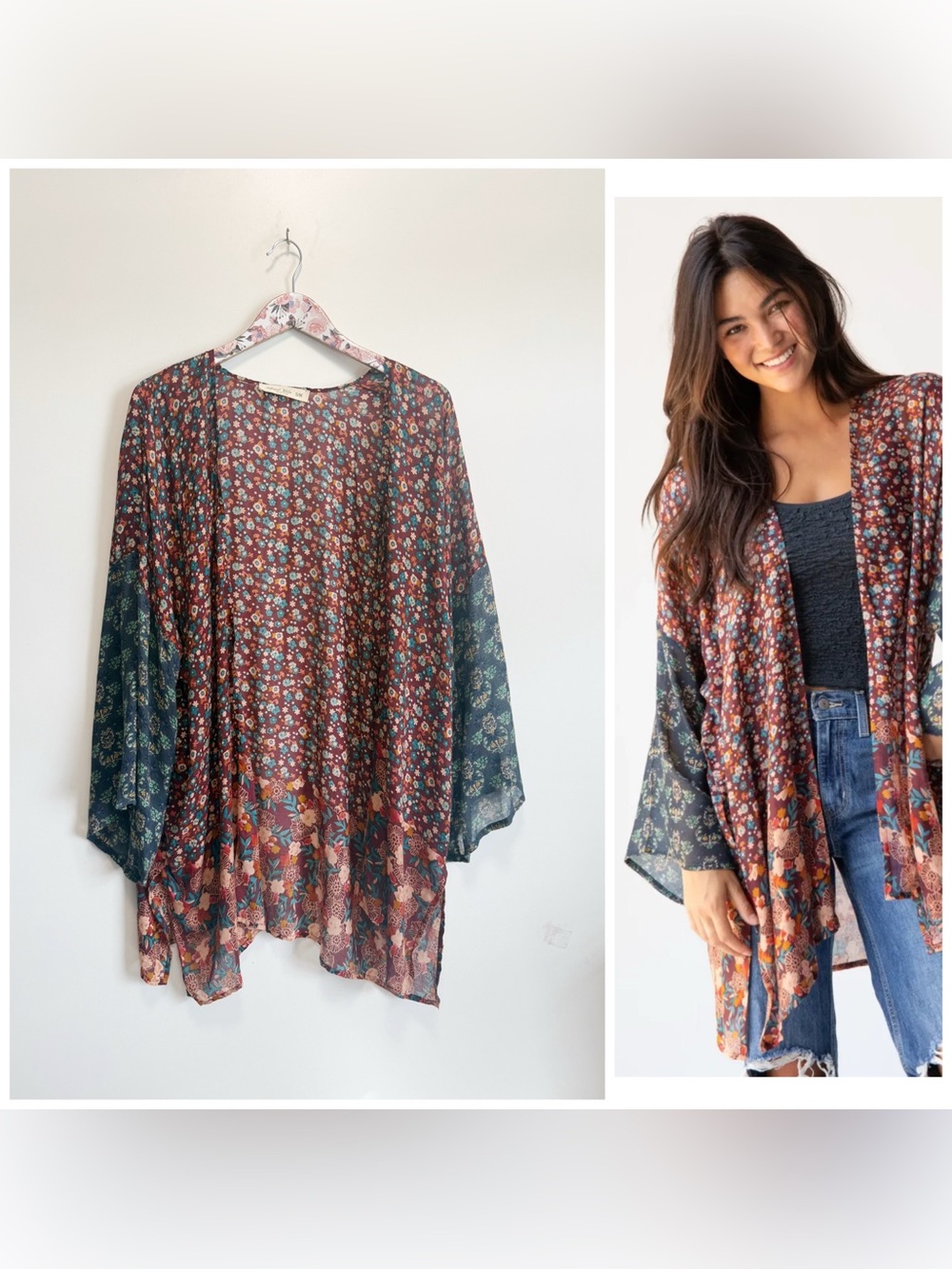 NATURAL LIFE Sierra Mixed Print Kimono Brown Teal Floral S/M